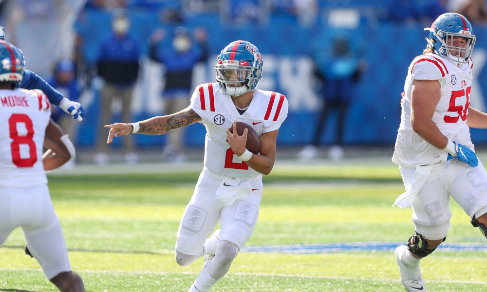 Matt Corral (#2) runs the ball for Ole Miss in 2020 game versus Kentucky