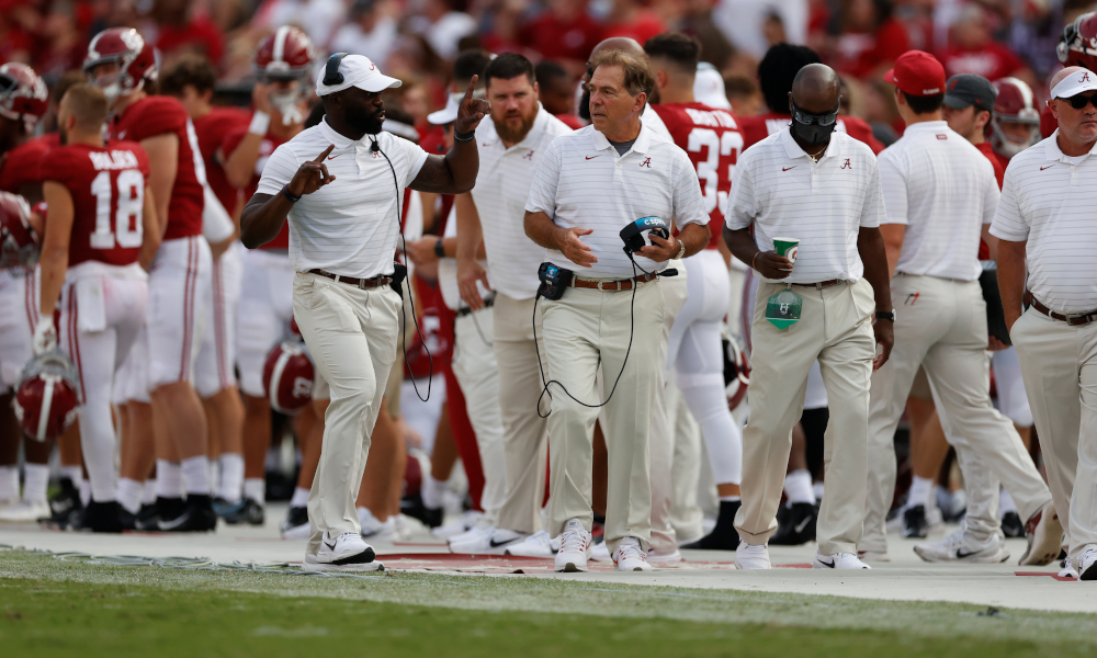 Nick Saban walking the sideline for Alabama versus Mercer