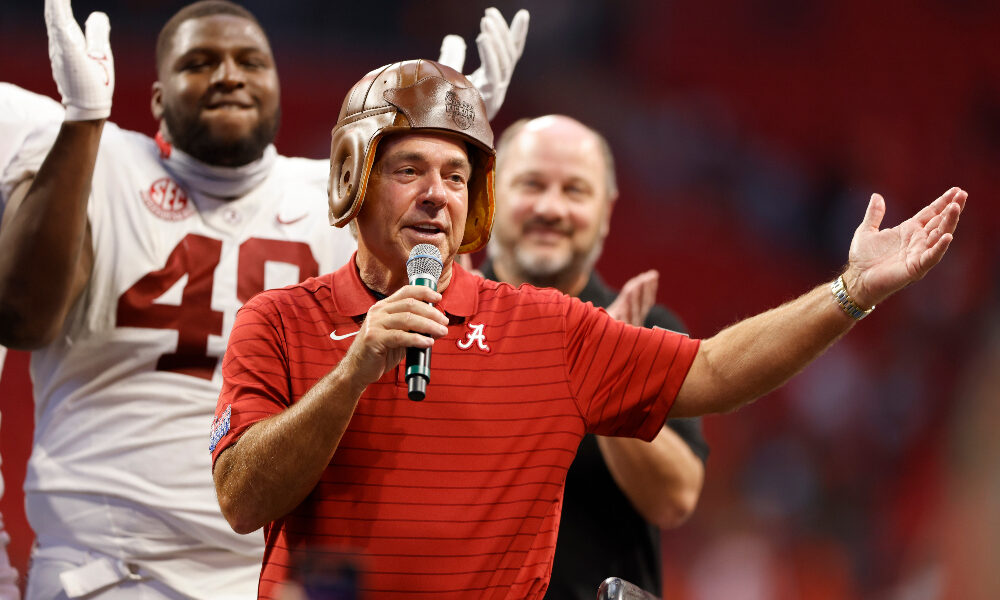 Nick Saban speaks to the crowd following the Chick-fil-A Kickoff Game