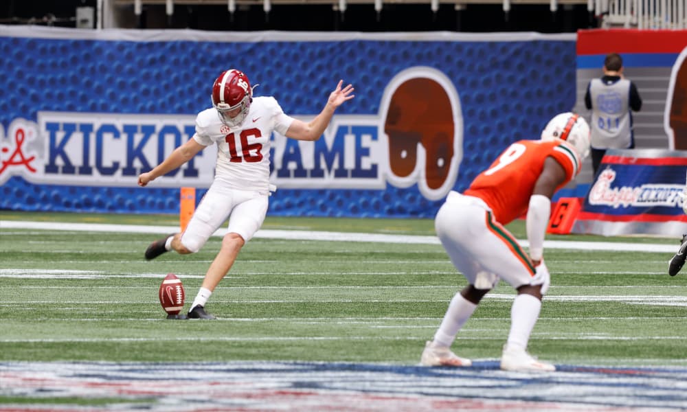 Will Reichard (No. 16) kicks the ball off for Alabama to Miami