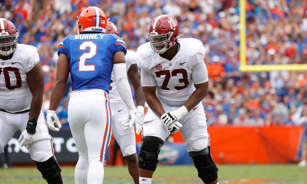 Evan Neal gets lined up against Florida