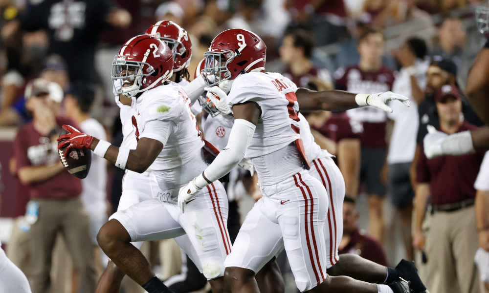 DeMarcco Hellams (#2) celebrates an interception for Alabama versus Texas A&M in 2021