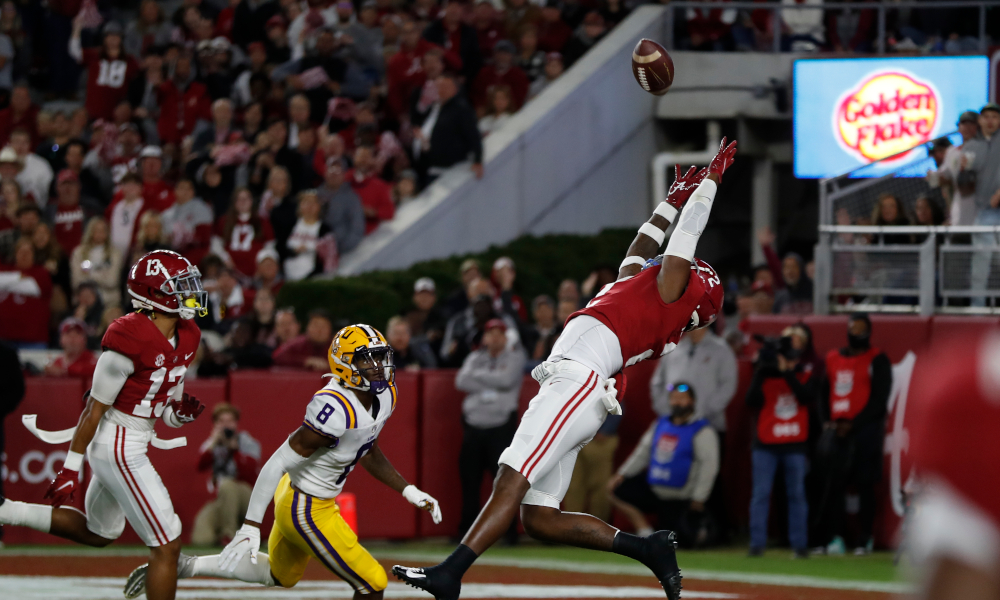 DeMarcco Hellams (#2) for Alabama leaping in trying to intercept a pass for Alabama versus LSU