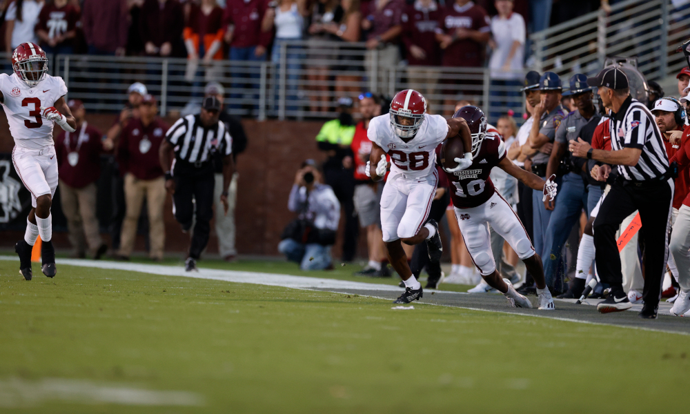 Josh Jobe (#28) returning an interception for Alabama in 2021 game versus Mississippi State