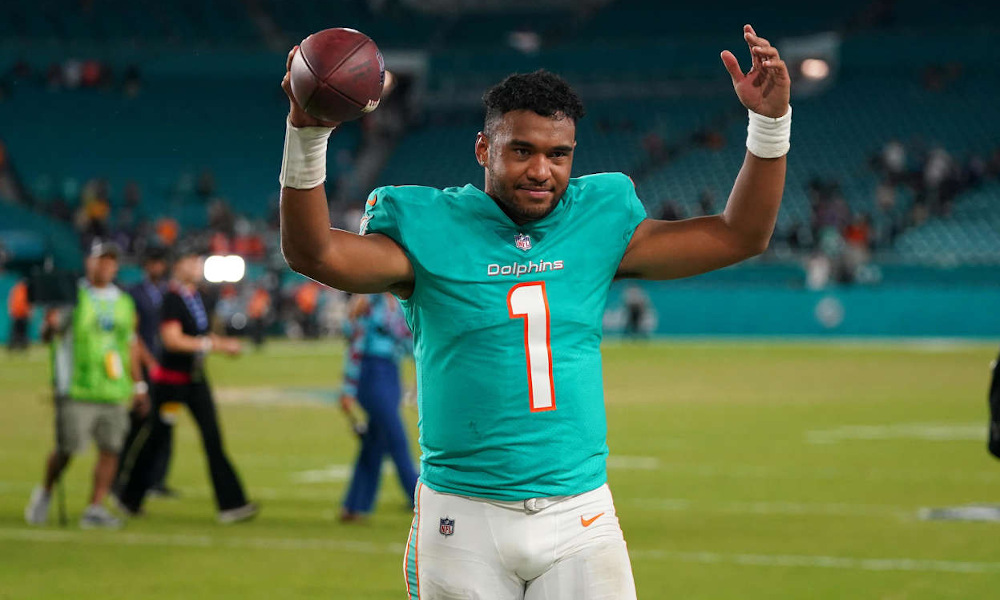 Tua Tagovailoa celebrates victory for Dolphins over Ravens on Thursday Night Football