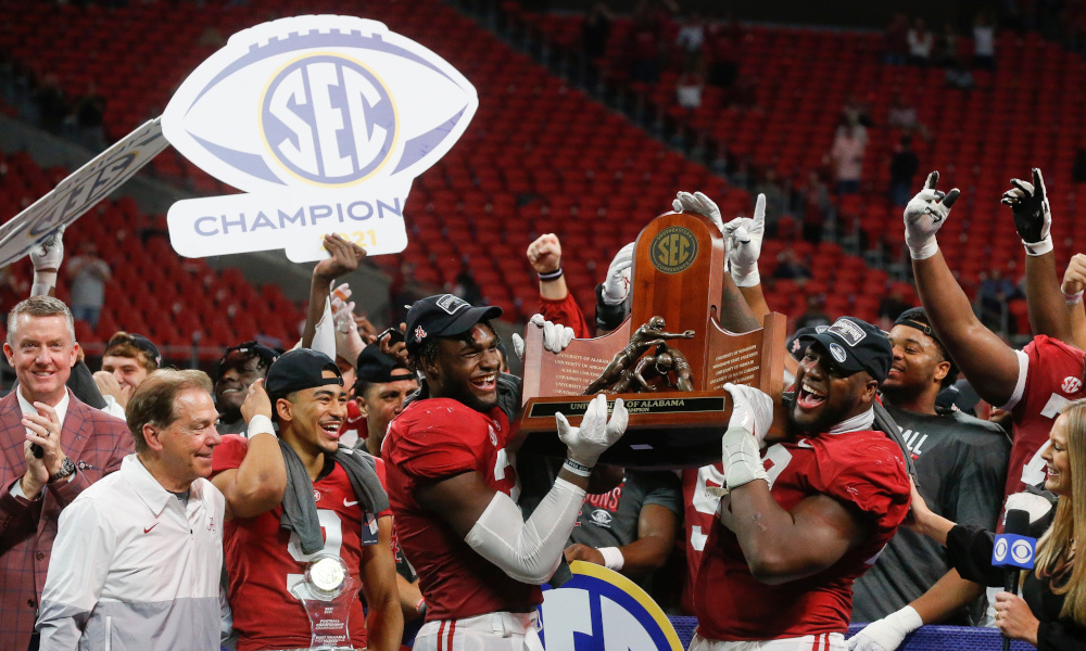 Alabama football celebrates 2021 SEC Championship victory over Georgia