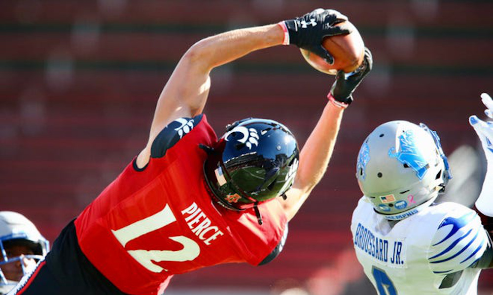 Alec Pierce (#12) makes the catch for Cincinnati in 2020 game versus Memphis