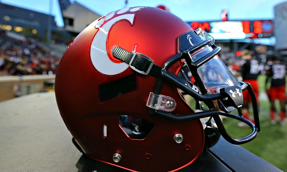 A photo of the Cincinnati Bearcats helmet on the sideline in 2016 in matchup versus BYU