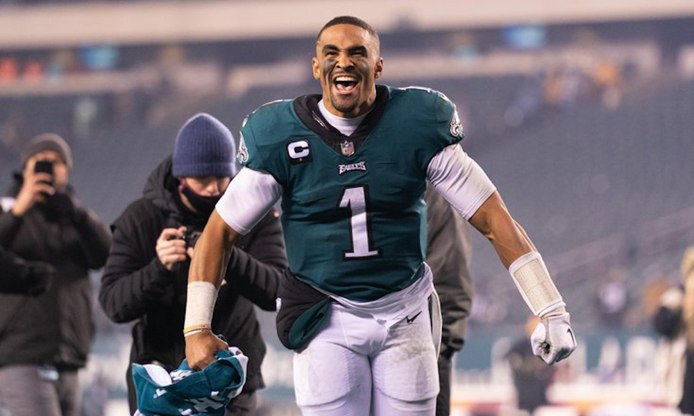 Jalen Hurts (#1) celebrates Eagles victory over Washington