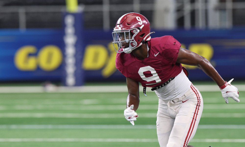 Jordan Battle (#9) going through CFP Semifinal prep for Alabama at AT&T Stadium