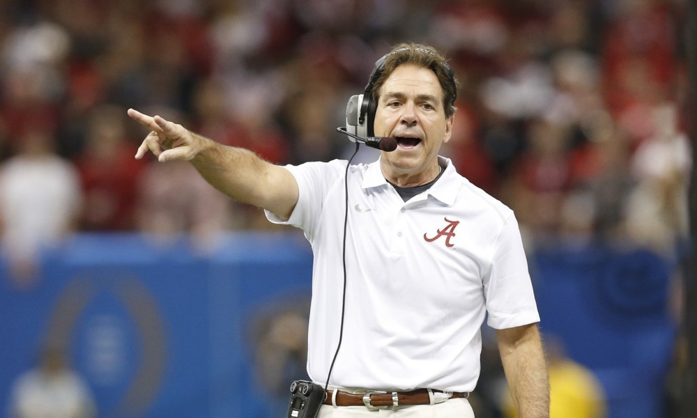 Nick Saban signaling from the sideline for Alabama in 2014 CFP matchup versus Ohio State