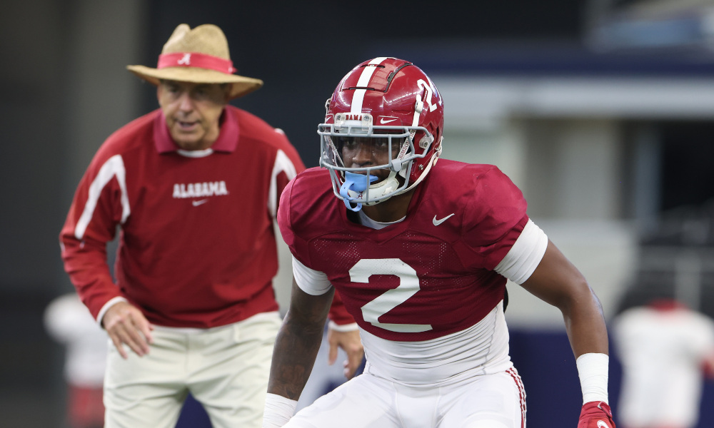 DeMarcco Hellams (#2) in his stance for Alabama in CFP Semifinal prep with Coach Saban