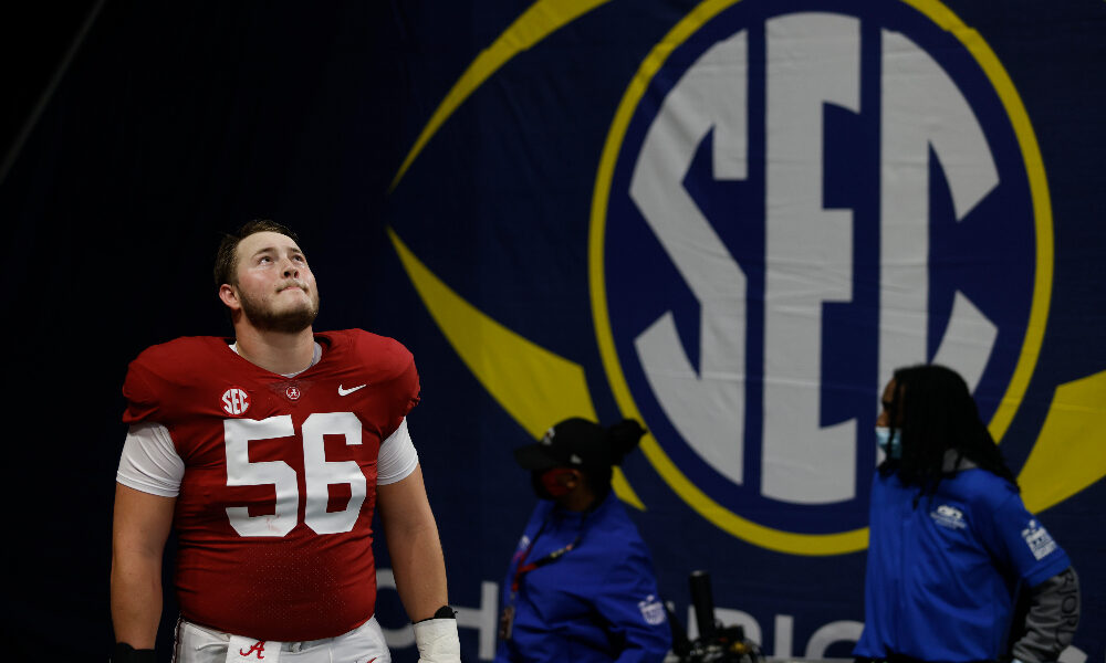 Seth McLaughlin (#56) walks out the tunnel for Alabama for 2021 SEC Championship Game