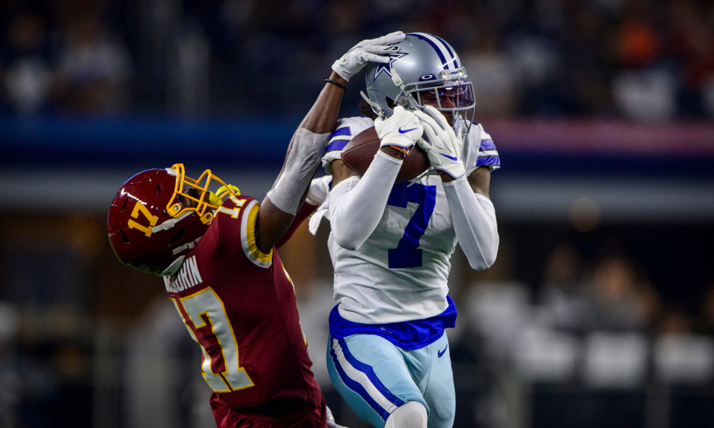 Trevon Diggs (#7) picks off a pass for Cowboys in Sunday's game against Washington