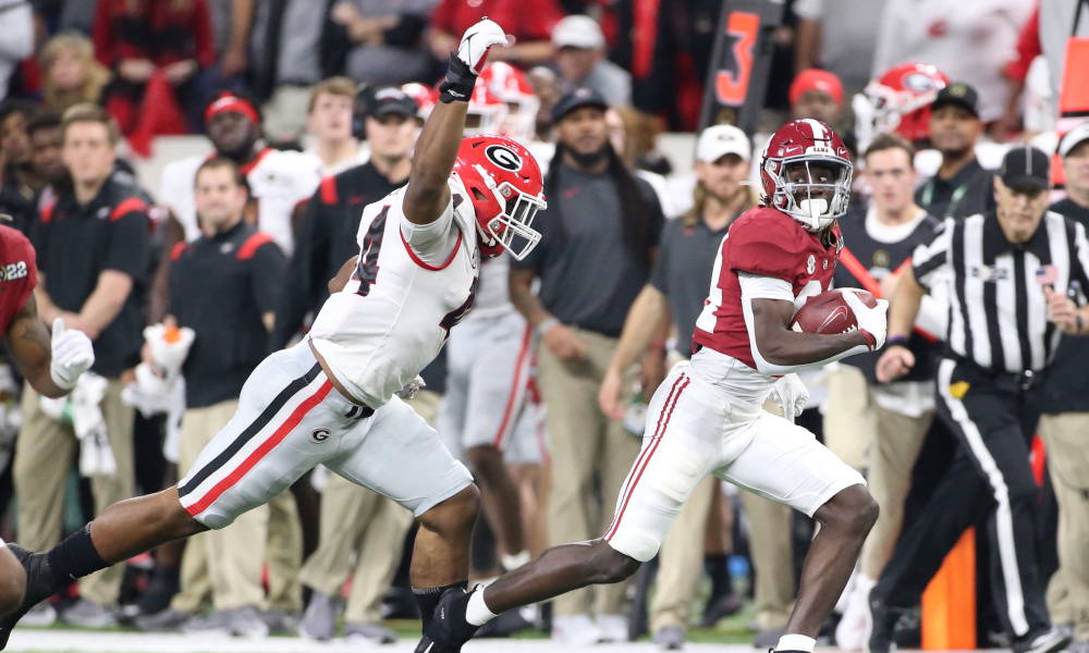 Agiye Hall (#84) with a catch and run for Alabama versus Georgia in 2022 CFP National Championship Game