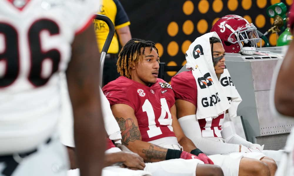 Brian Branch (#14) on the bench for Alabama during 2022 CFP National Championship Game versus Georgia