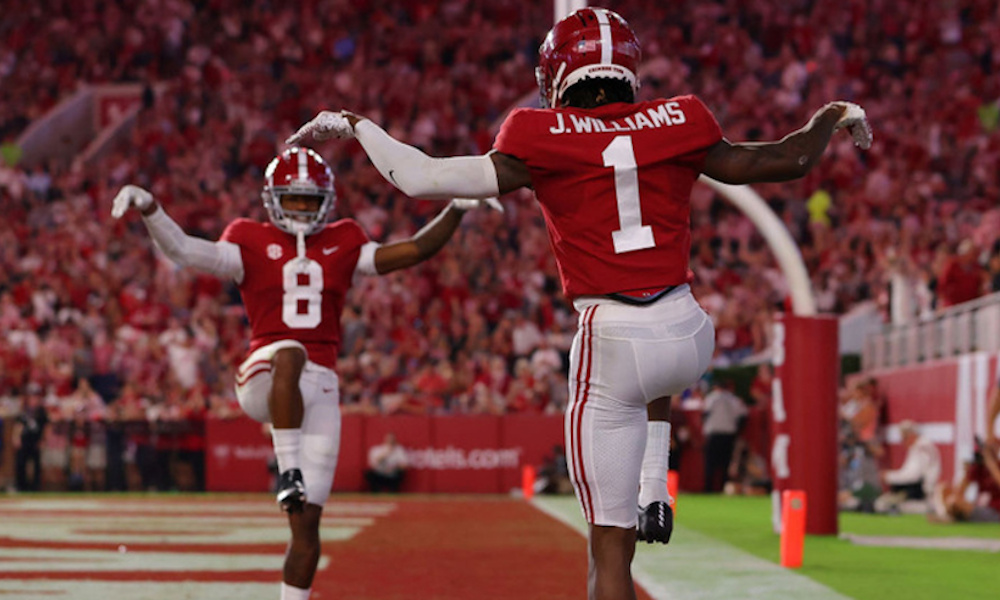 Jameson Williams and John Metchie start "Crane Kick" touchdown celebration for Alabama in 2021 season