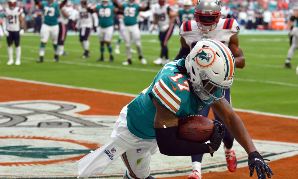 Jaylen Waddle (#17) catches TD pass for Miami Dolphins in 2021 regular season finale versus Patriots