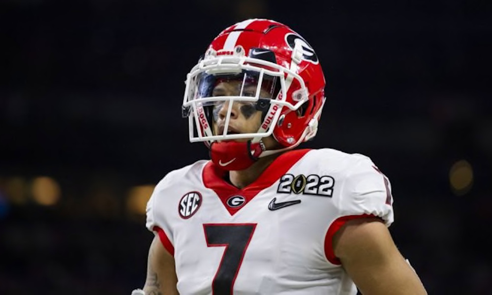 Jermaine Burton (#7) on the field for Georgia versus Alabama in 2022 CFP National Championship Game