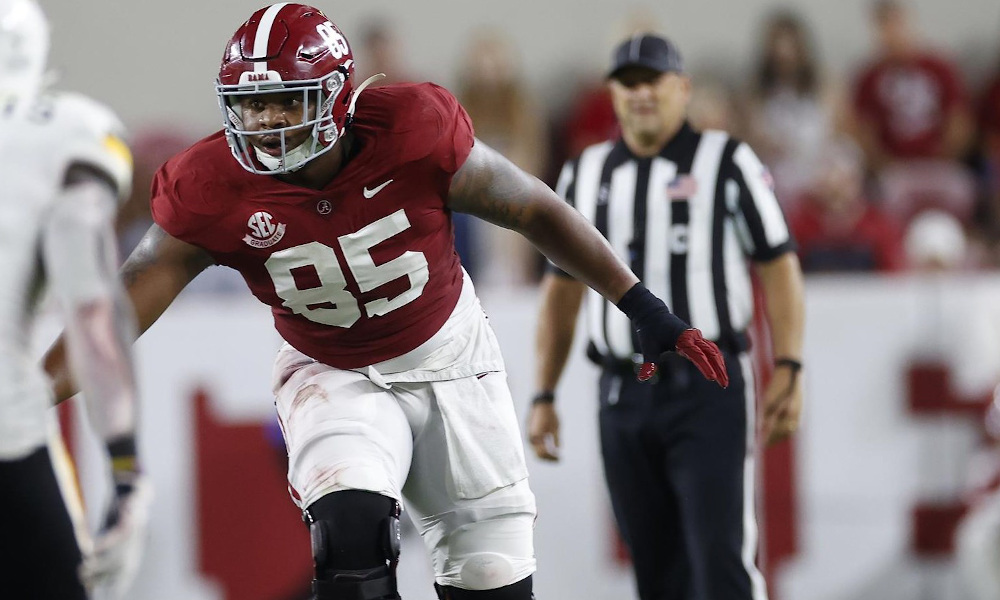 Kendall Randolph (#85) blocking in 2021 game for Alabama versus Southern Mississippi