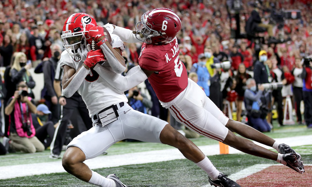 Khyree Jackson (#6) gives up a touchdown pass to Georgia's AD Mitchell in 2022 CFP National Championship Game