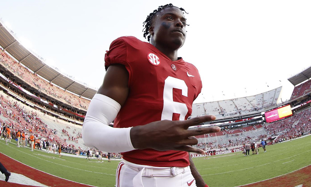 Khyree Jackson (#6) walks off the field after game versus Mercer in 2021 season