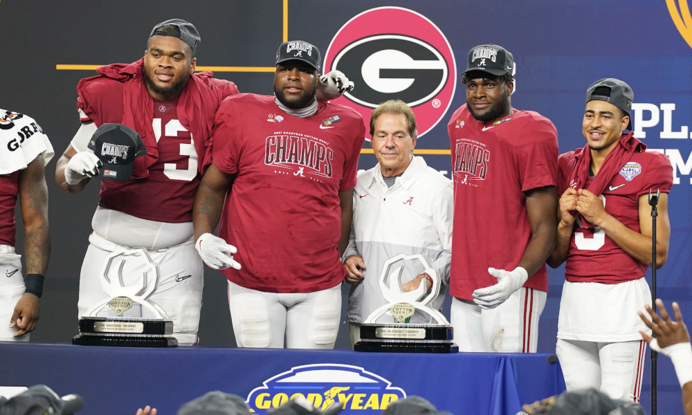 Nick Saban and Alabama players celebrate 2021 Cotton Bowl win