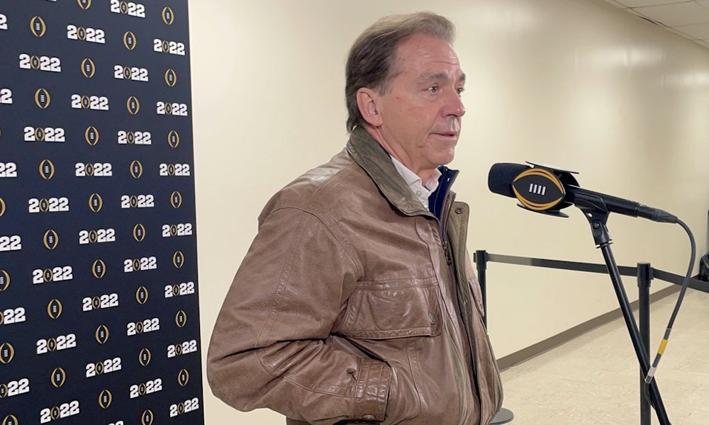Nick Saban speaks to reporters upon arriving in Indianapolis for 2022 CFP National Championship Game