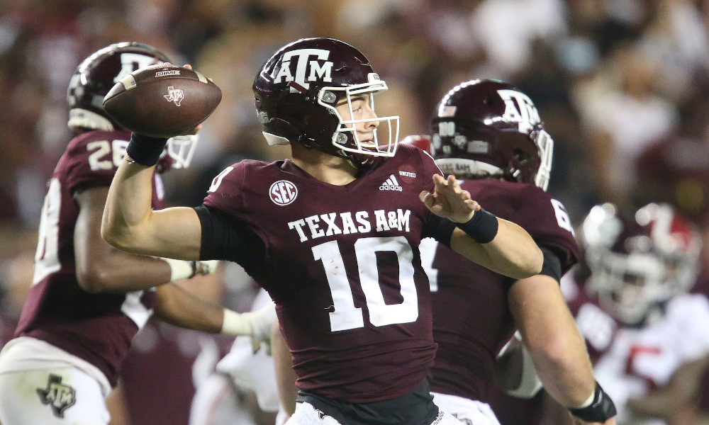 Zach Calzada (#10) attempts a pass for Texas A&M in 2021 game versus Alabama