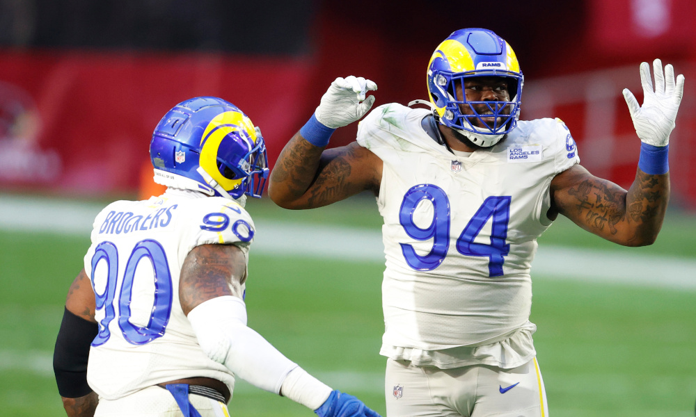 A'Shawn Robinson (#94) celebrates a big defensive play for the Rams in 2020 season versus Arizona Cardinals