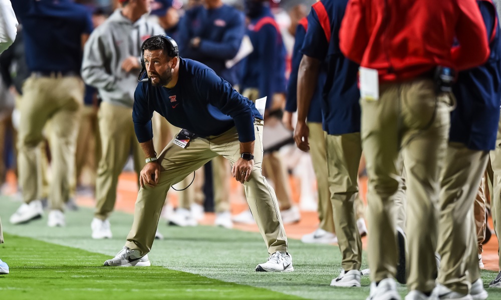 Coleman Hutzler on the sideline coaching Ole Miss special teams in 2021 season