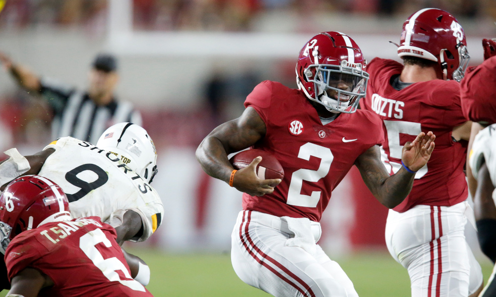 Jalen Milroe (#2) runs the ball for Alabama in 2021 game versus Southern Mississippi