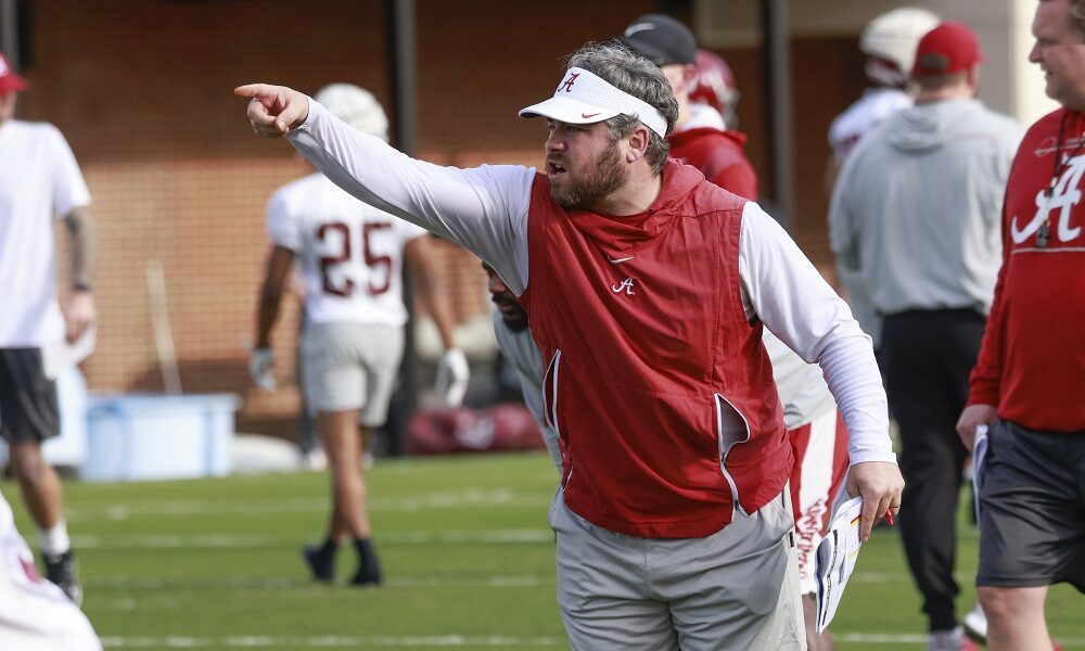Alabama DC Pete Golding giving out signals in 2022 Spring Football Practice