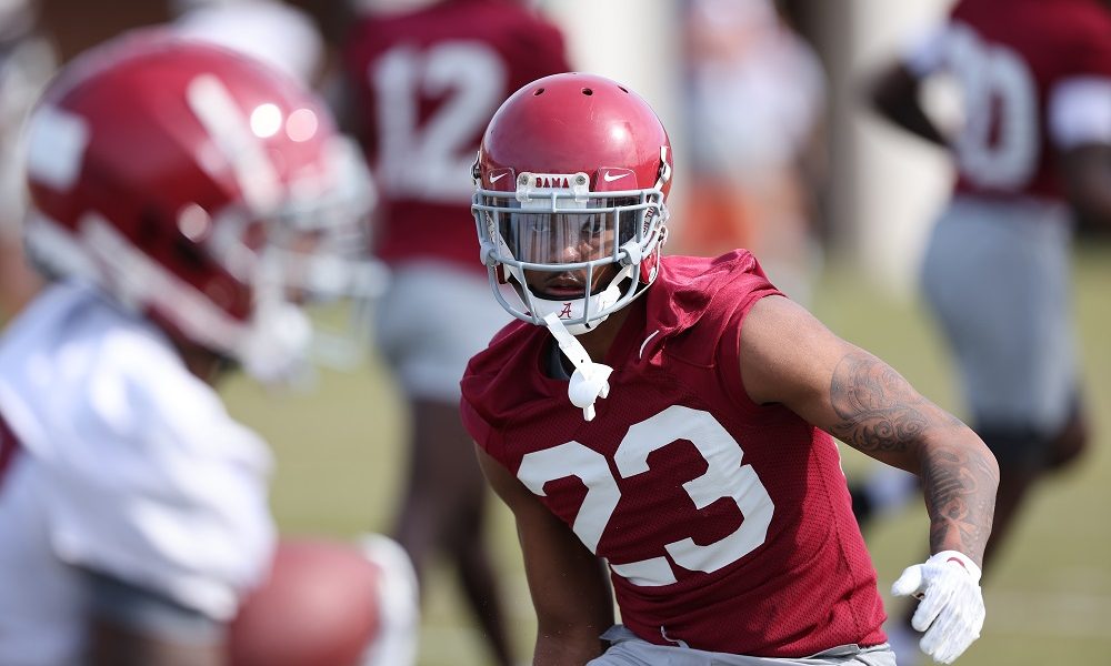 Alabama DB Jahquez Robinson (#23) working drills in 2022 Spring Football Practice