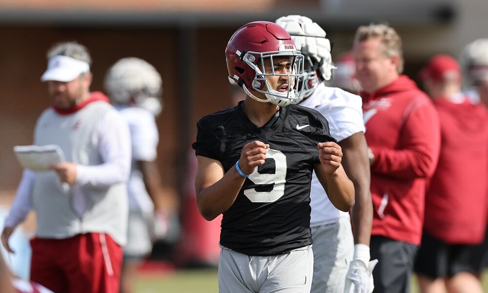 Bryce Young (#9) at 2022 spring practice for Alabama