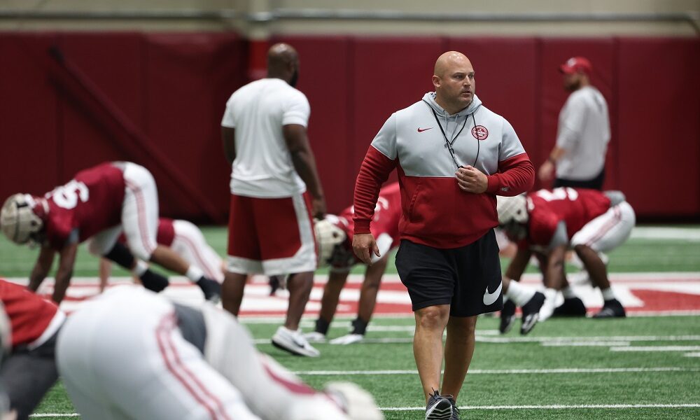 Alabama's Director of Sports Performance, David Ballou getting players ready in 2022 Spring Practice