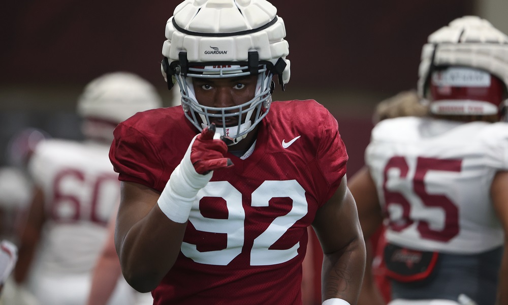 Alabama DL Justin Eboigbe (#92) going through drills in 2022 Spring Football Practice