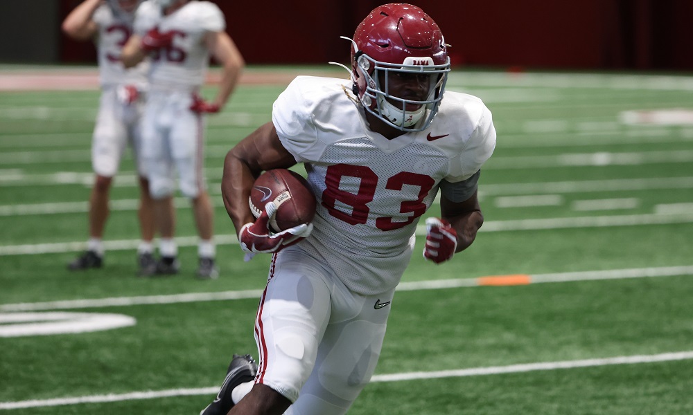 Alabama WR Kendrick Law (#83) with a catch and run in 2022 spring practice