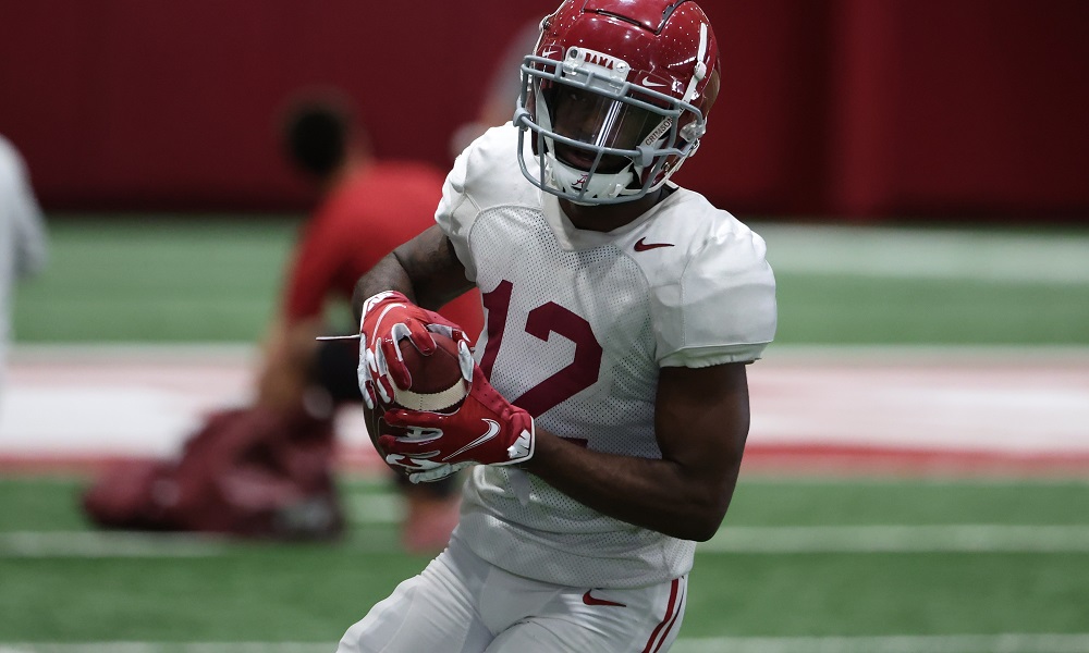 Alabama WR Christian Leary (#12) with a catch in spring football 2022 practice