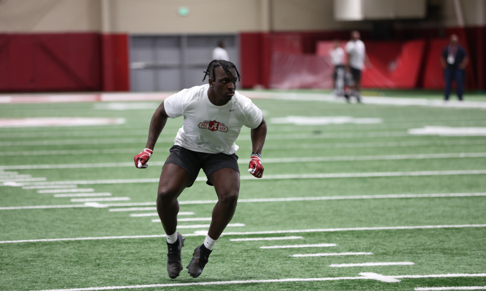 Christian Harris going through LB drills at Alabama Pro Day