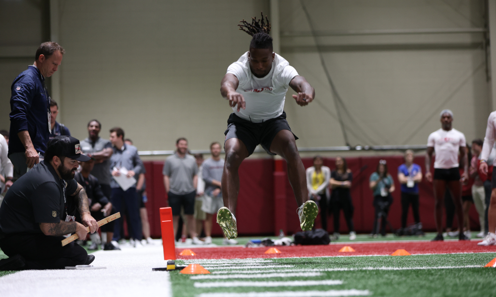 Jalyn Armour-Davis performing drills at Alabama's Pro Day