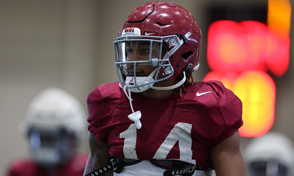 Alabama DB Brian Branch (#14) in drills for 2022 spring football practice