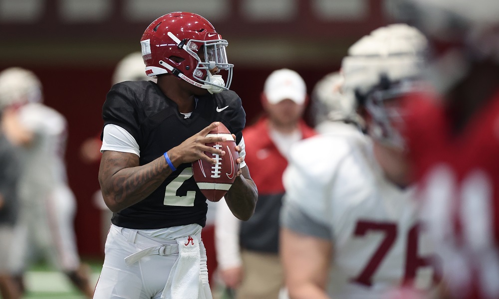 Jalen Milroe (#2) attempting a pass for Alabama in 2022 Spring Football Practice