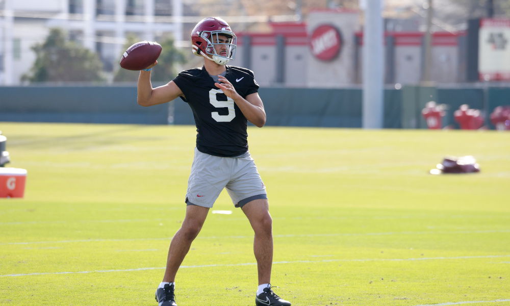 Bryce Young attempts a pass in 2022 spring practice for Alabama football