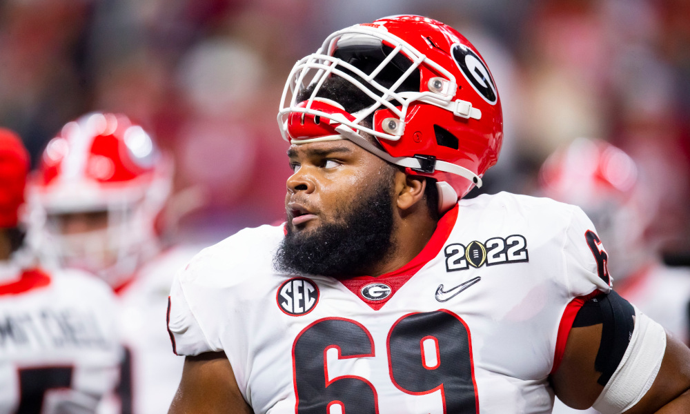 Jamaree Salyer (#69) on the field for Georgia in 2022 CFP National Championship Game versus Alabama