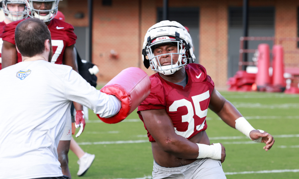 Jeremiah Alexander (#35) going through pass-rush drills with OLBs in Alabama spring practice