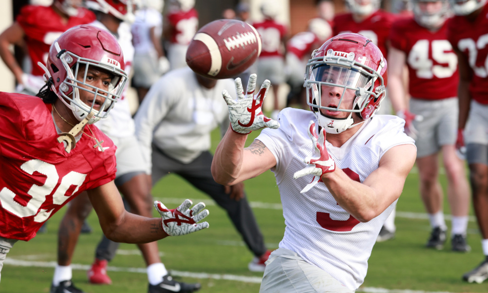 Jermaine Burton catches a pass during 2022 spring practice for Alabama football
