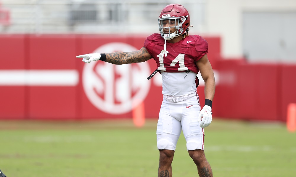 Alabama CB Brian Branch (#14) giving signals in Crimson Tide 2022 Spring Football Practice