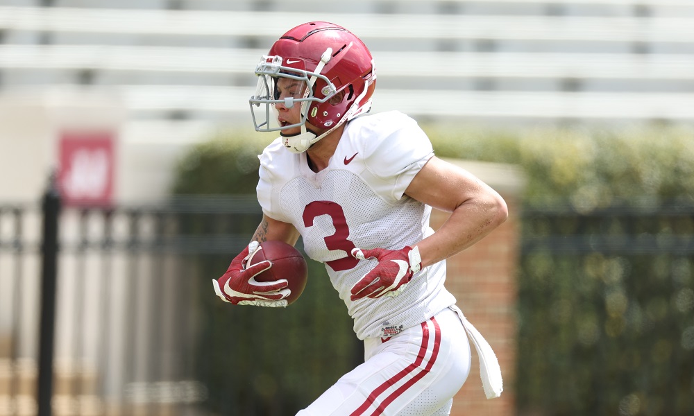Alabama WR Jermaine Burton (#3) runs after the catch in first scrimmage of 2022 Spring Practice