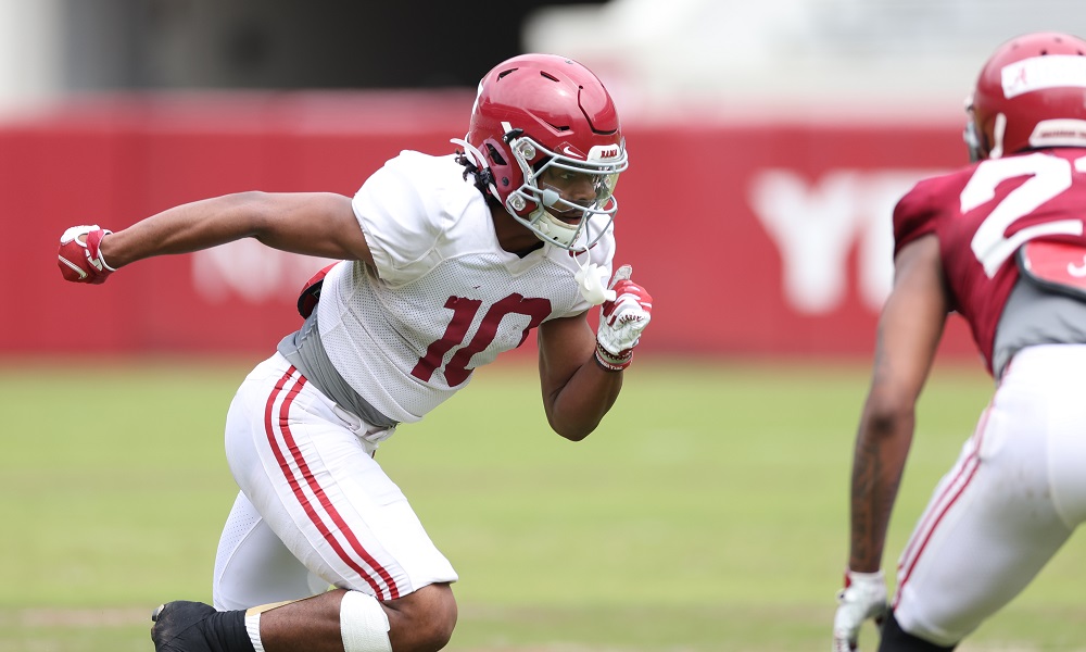 Alabama WR JoJo Earle (#10) runs a route in first scrimmage of spring practice
